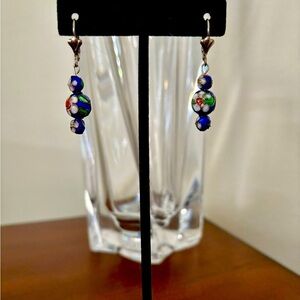 Vintage Chinese Enamel Blue Flower Cloisonné Pierced Earrings